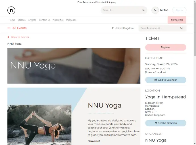 NNU Yoga Website Reservation Page